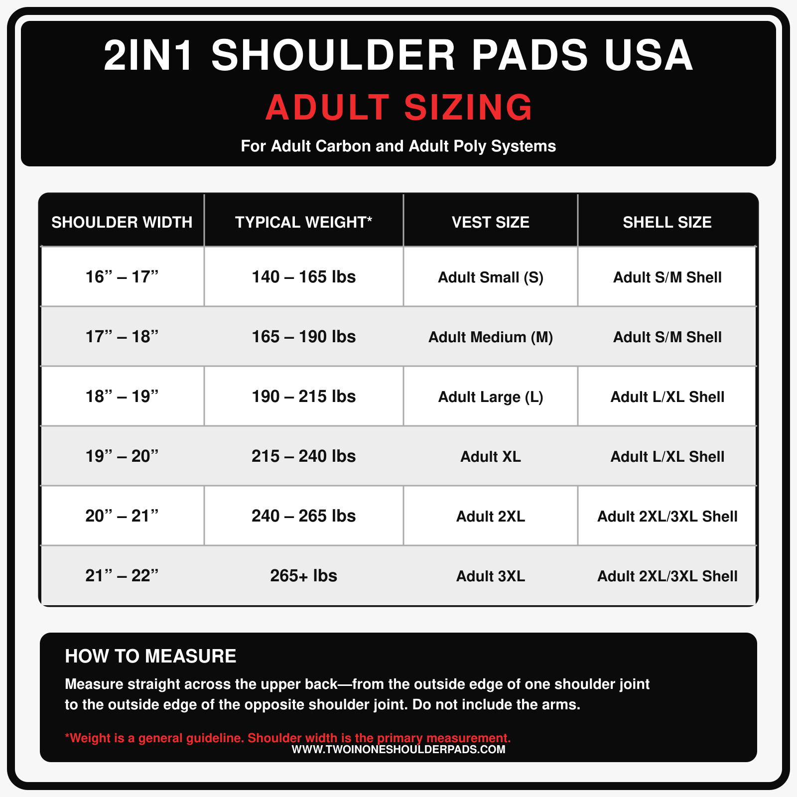 2in1 Adult  Sizing Chart