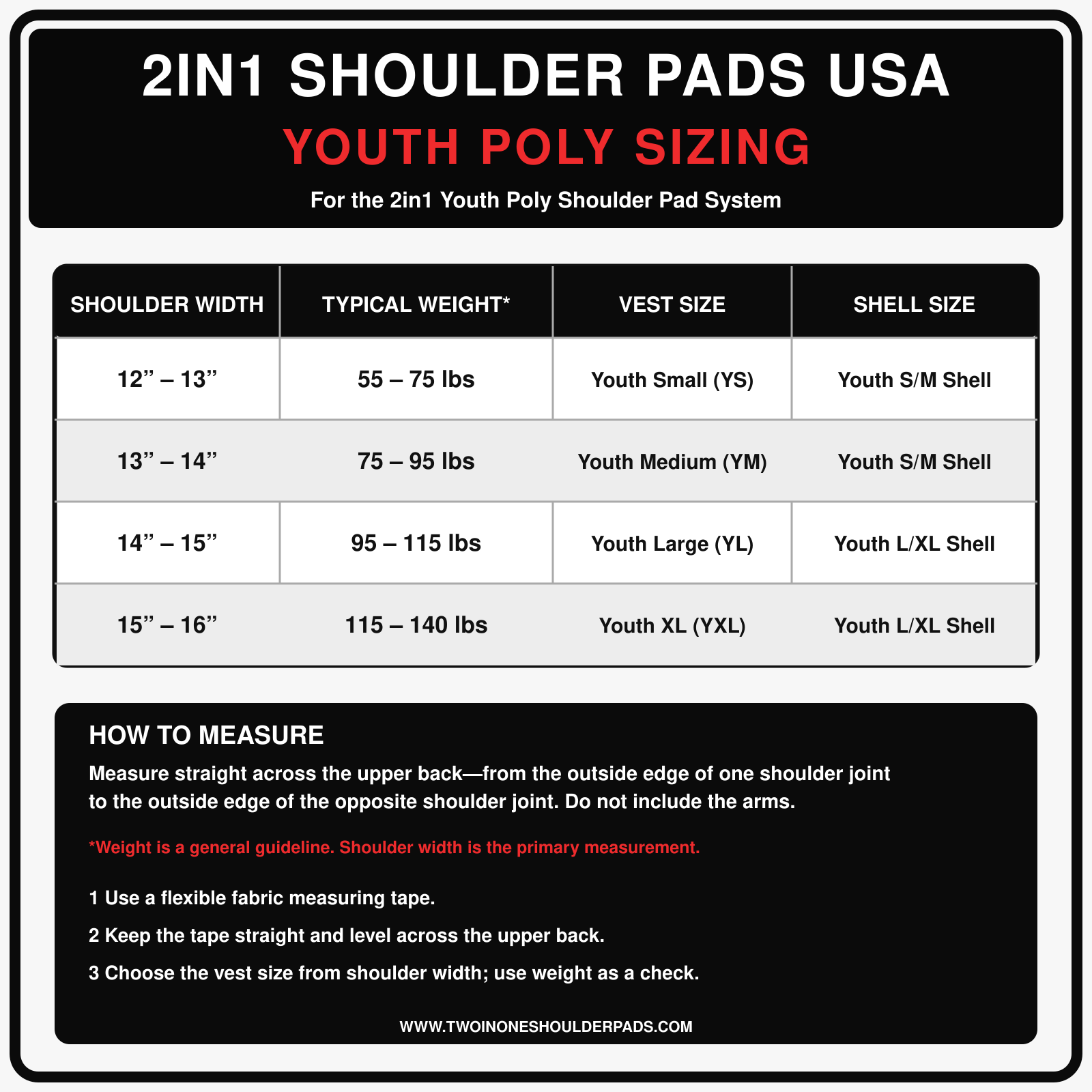 2in1 Shoulder Pads Youth Sizing Chart
